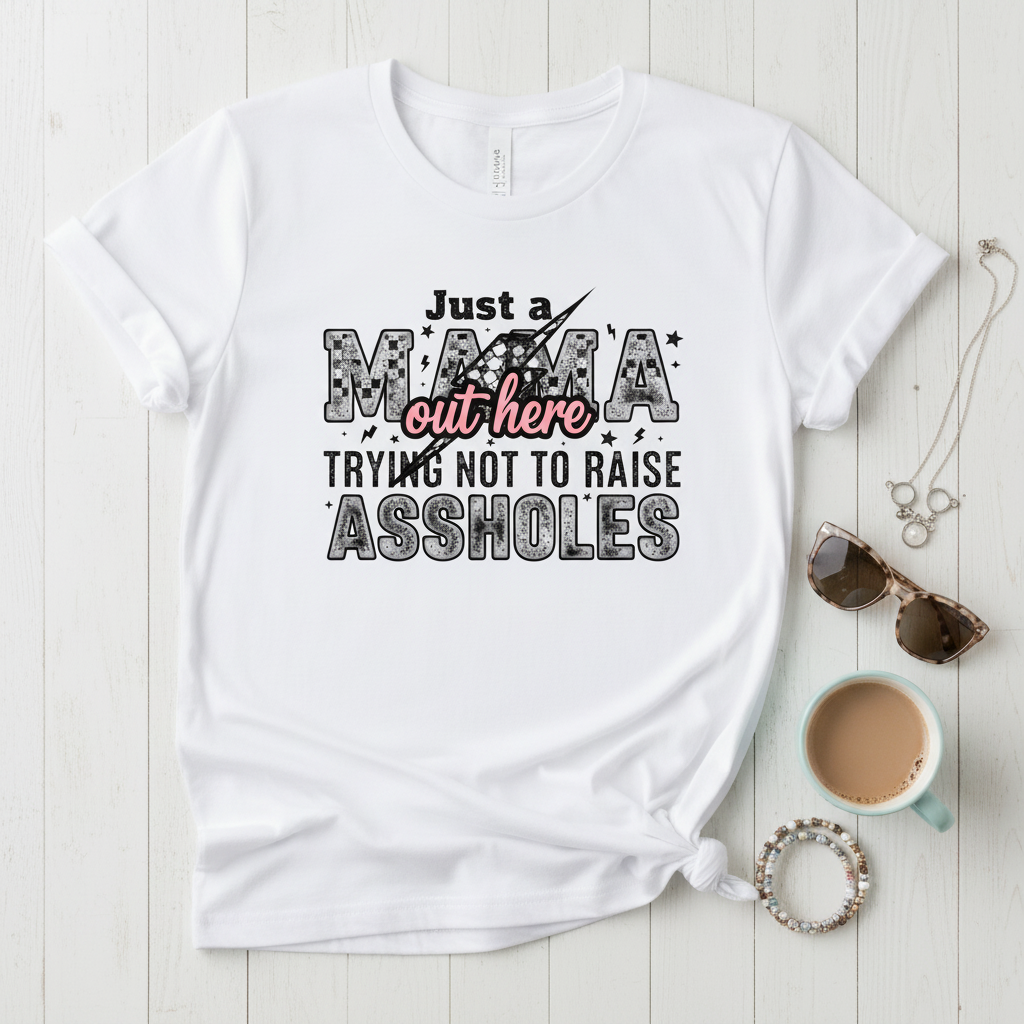 Just a Mama tee flat lay mockup