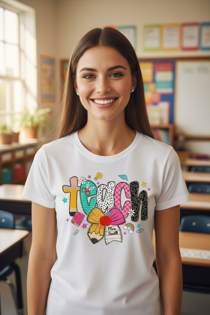 Teacher wearing teach custom name tee in classroom