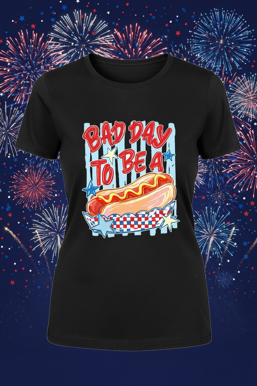 Bad Day to Be a Hot Dog black t-shirt mockup on 4th of July fireworks background