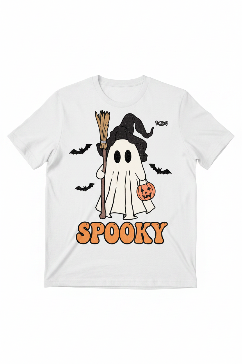 Spooky ghost Halloween graphic printed on a white t-shirt flat lay