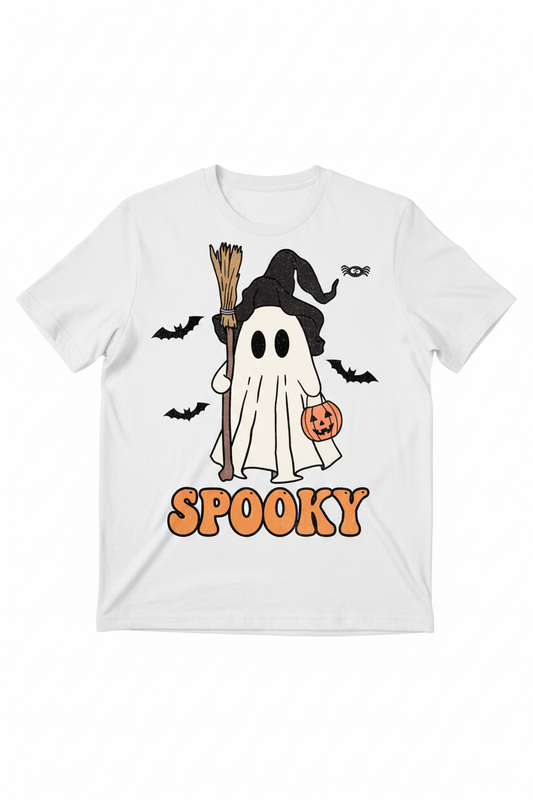 Spooky ghost Halloween graphic printed on a white t-shirt flat lay