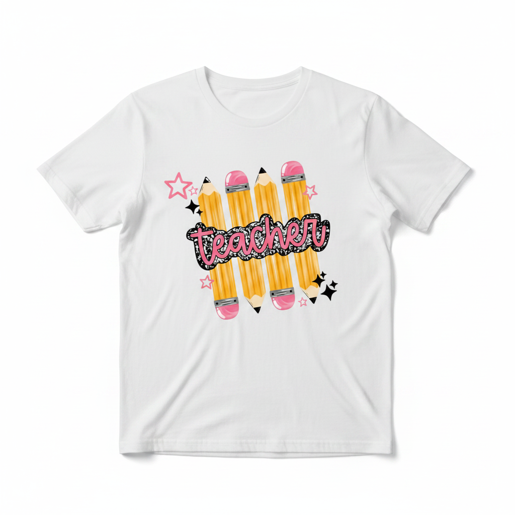 Teacher pencils stack tee white flat lay