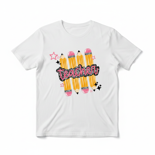 Teacher pencils stack tee white flat lay