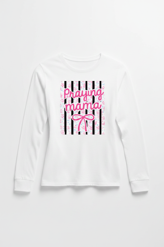 Women's white Praying Mama long sleeve tee flat lay