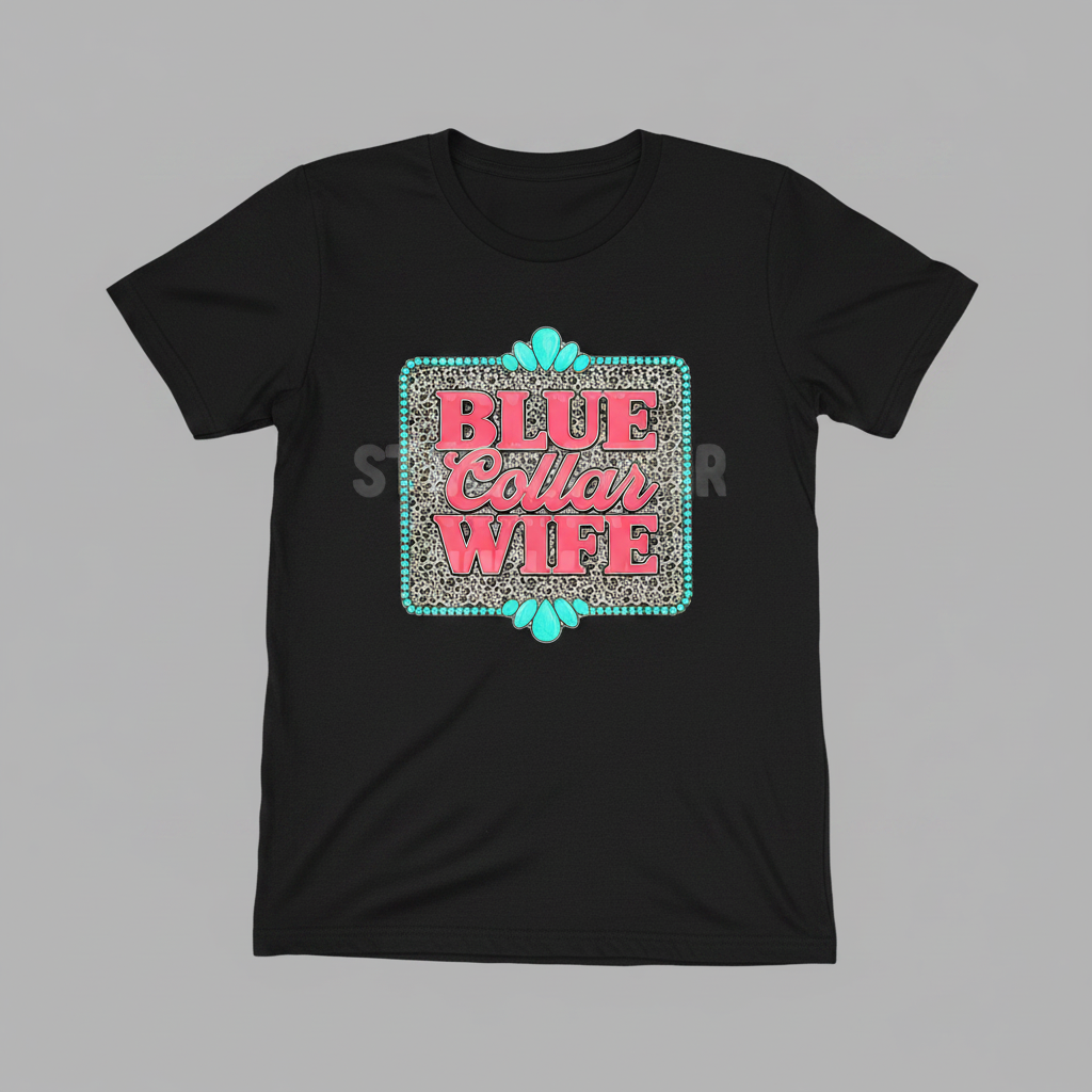 Blue Collar Wife black tee flat lay mockup