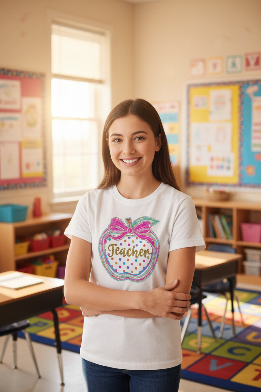 Teacher wearing apple teacher tee in classroom