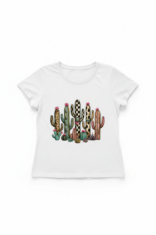 Western cacti tee flat lay - white