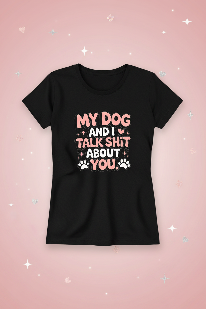 My Dog black t-shirt mockup on blush pink sparkle background