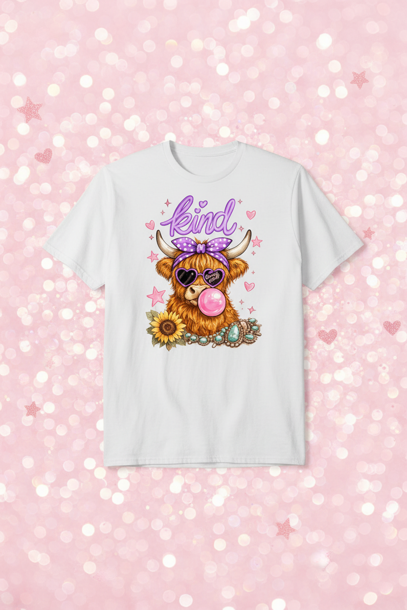 Cute highland cow kind graphic tee on soft pink glitter sparkle background