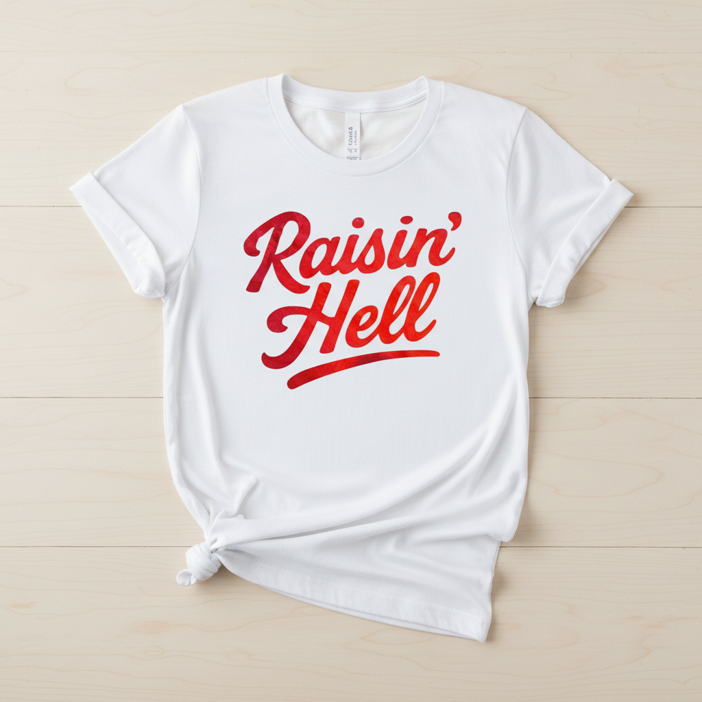 Raisin' Hell white tee flat lay mockup