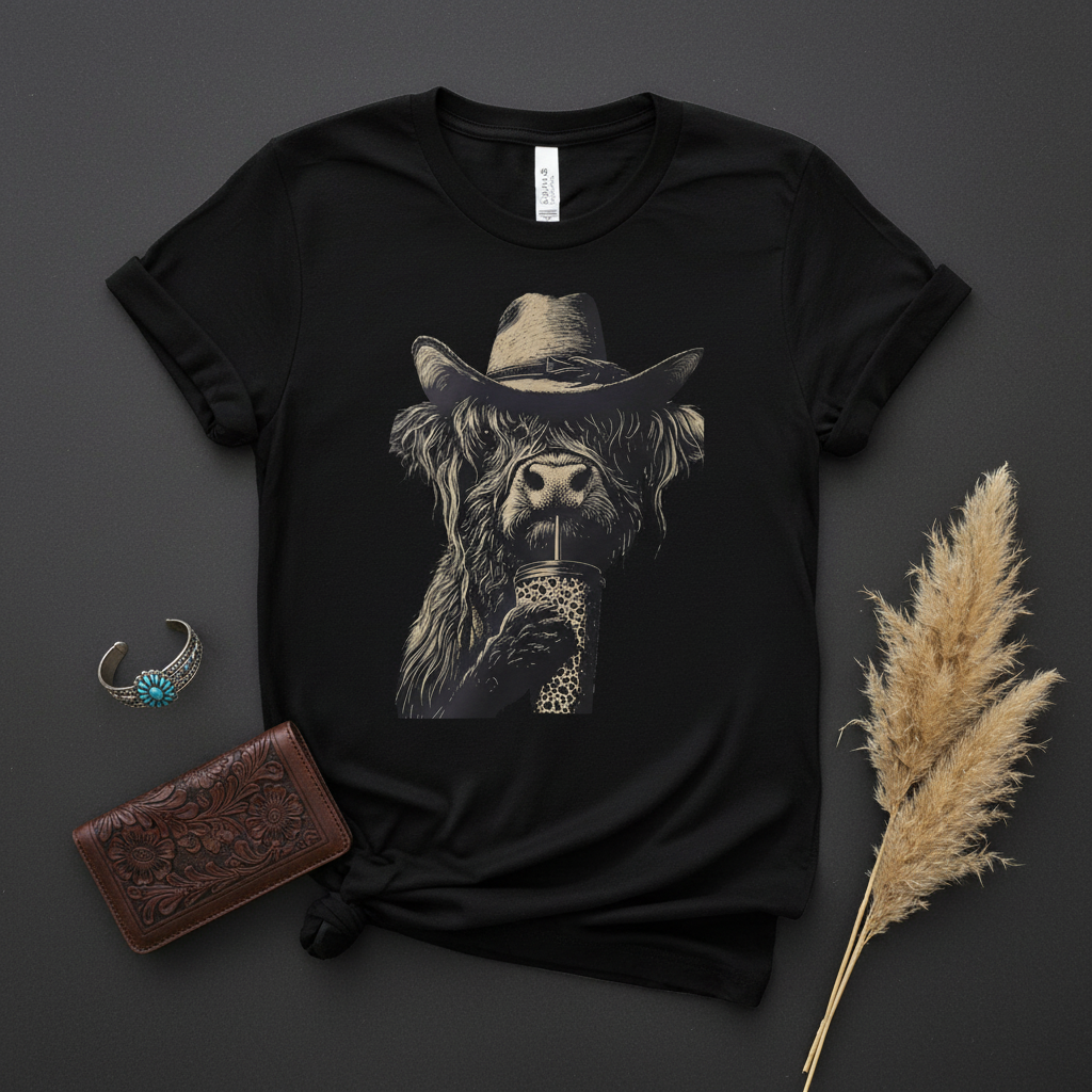 Highland Cow black tee flat lay mockup