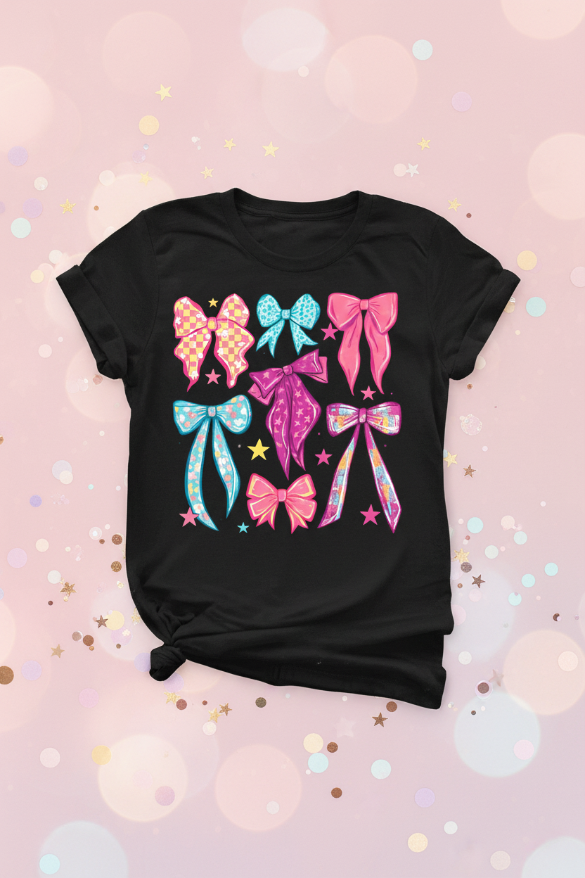 Colorful bows black t-shirt mockup on pastel pink glitter background