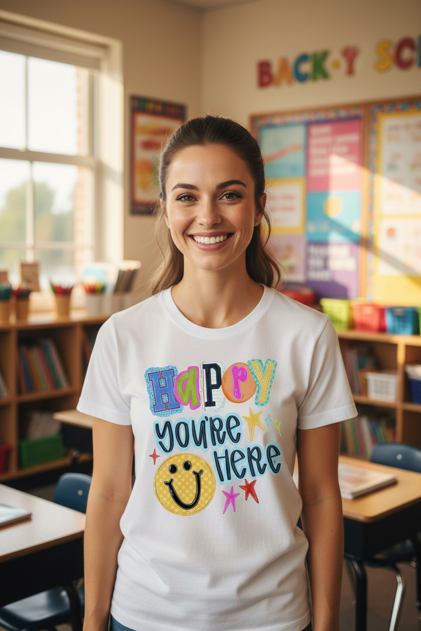 Teacher wearing Happy You're Here graphic tee in classroom