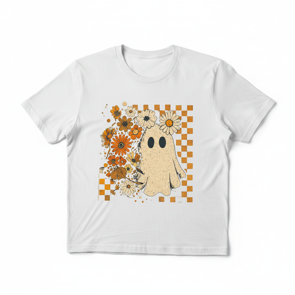 Floral Ghost Halloween tee flat lay mockup