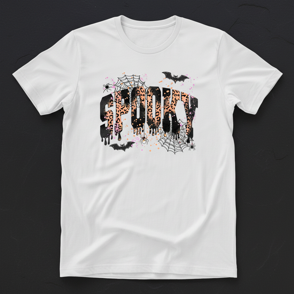 Spooky leopard drip Halloween tee flat lay mockup