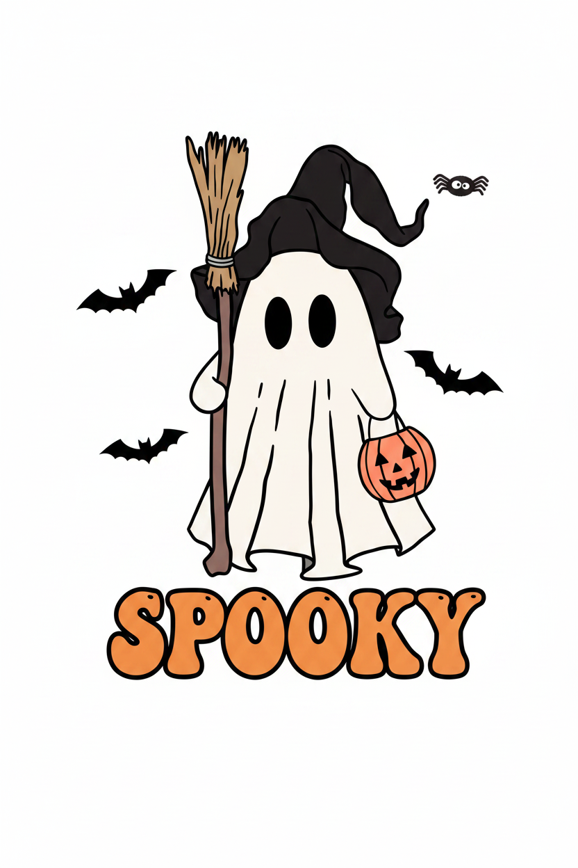 Cute retro ghost wearing witch hat holding broomstick and jack-o-lantern with spooky text