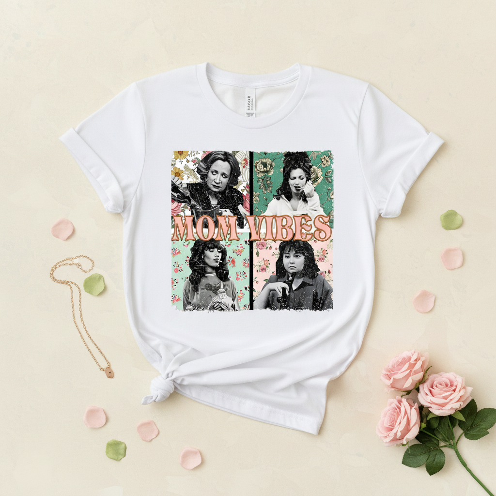 Mom Vibes graphic tee flat lay mockup