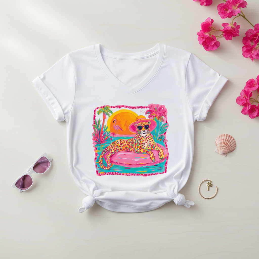 Cheetah Pool Vibes tee flat lay mockup