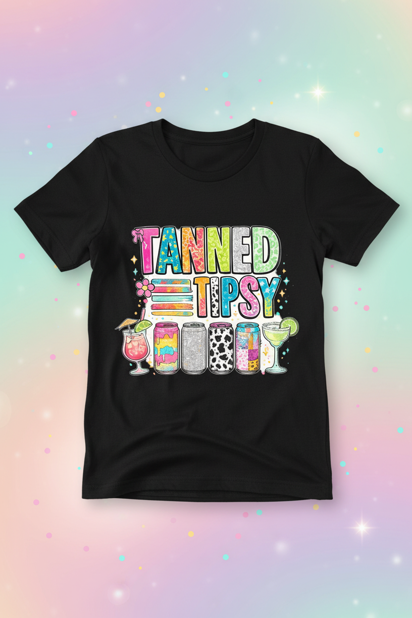 Tanned and Tipsy black t-shirt mockup on soft pastel gradient background