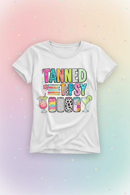 Tanned and Tipsy white t-shirt mockup on soft pastel gradient background