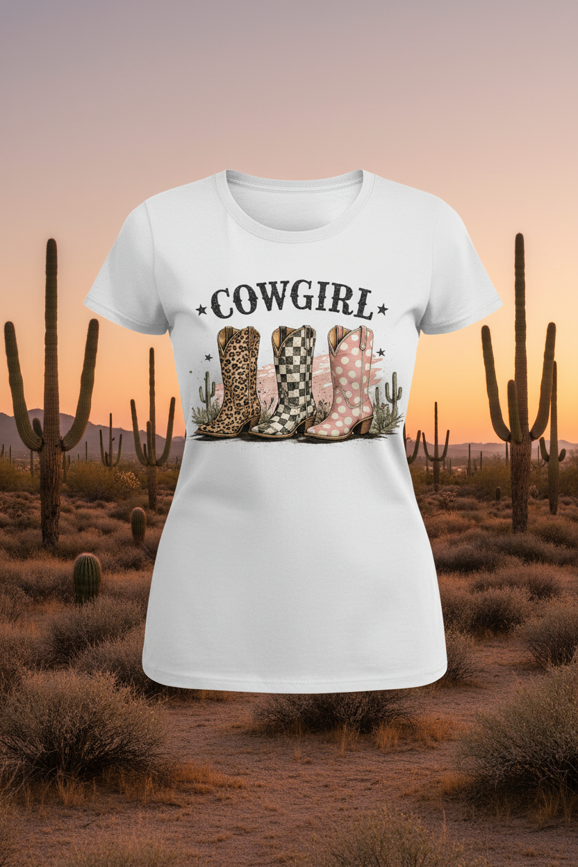 Cowgirl women's t-shirt mockup with desert background