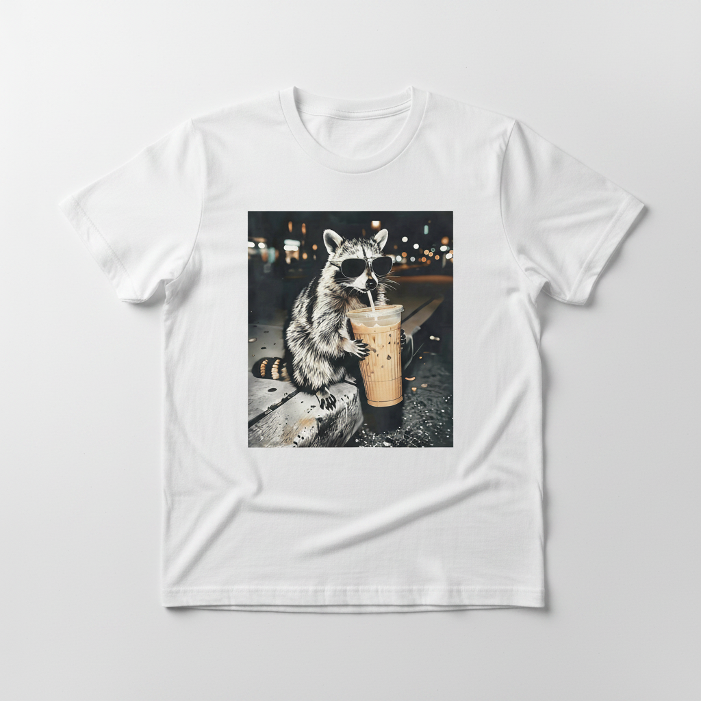 Raccoon Coffee tee flat lay mockup