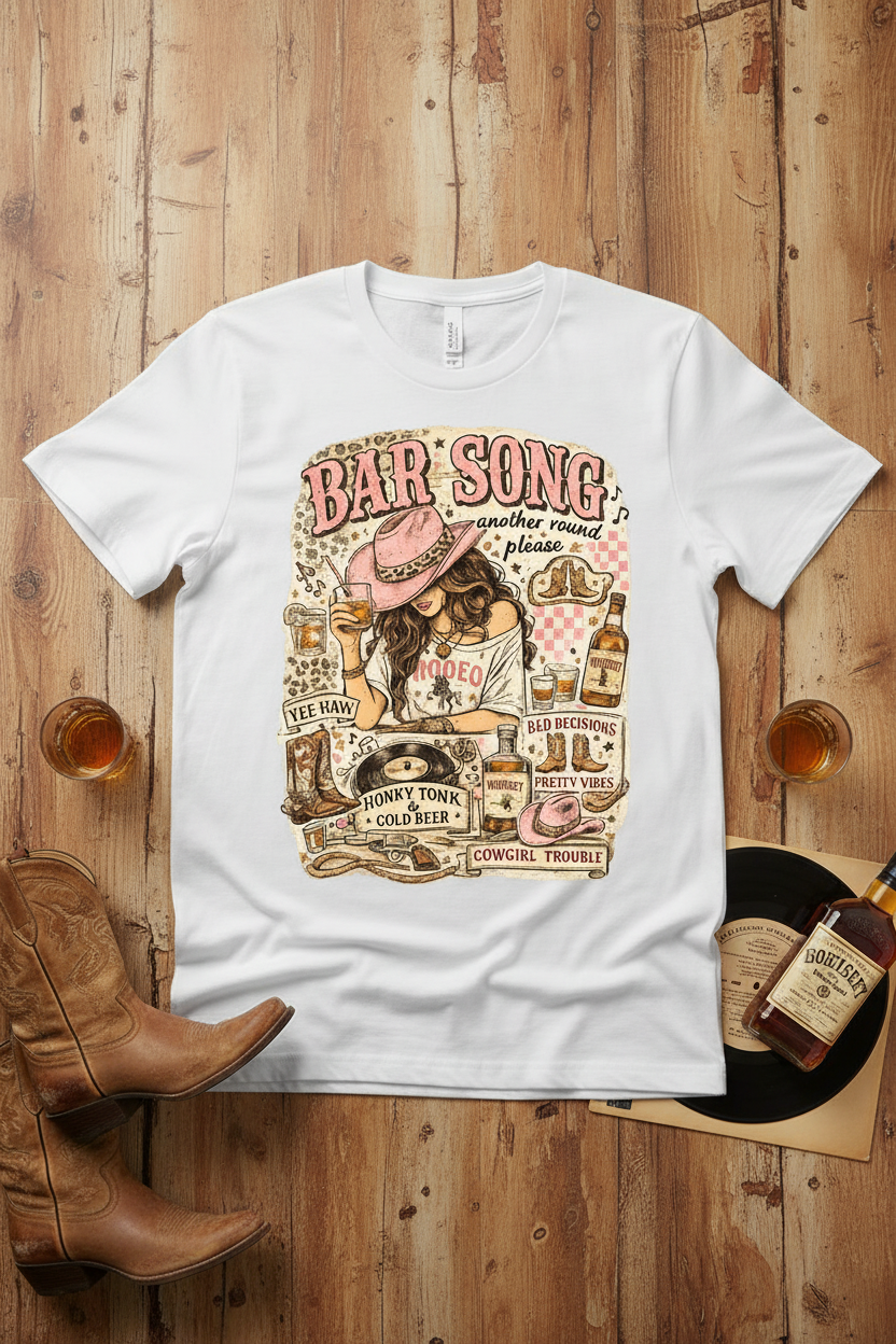 Retro Bar Song cowgirl graphic tee on rustic western background