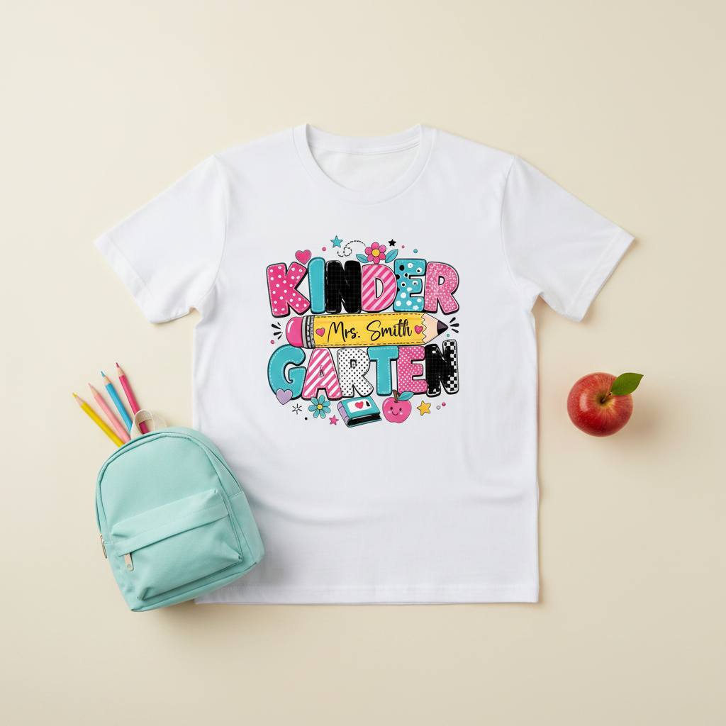 Kindergarten custom name tee white flat lay