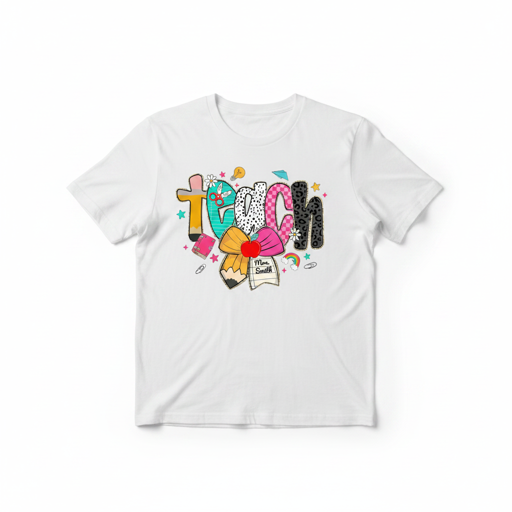 Teach custom name tee white flat lay