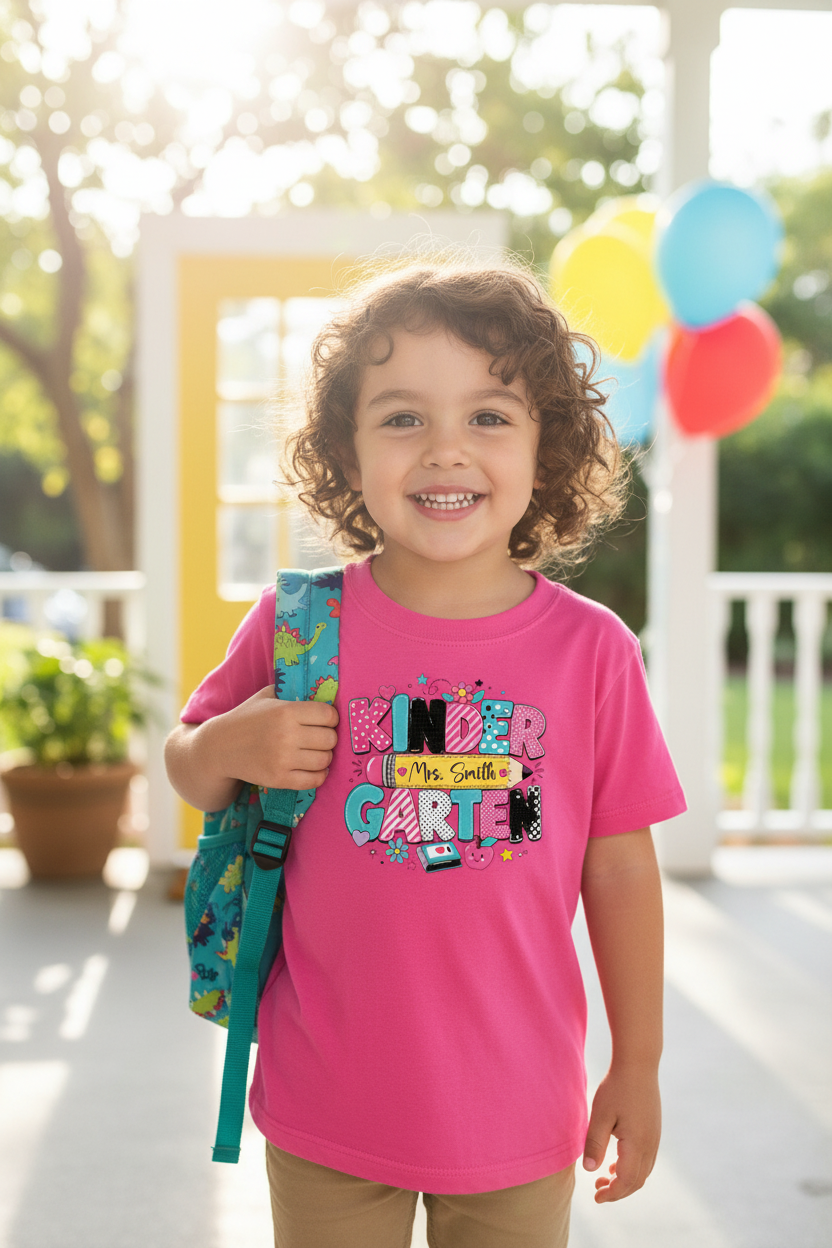 Child wearing pink kindergarten custom name tee