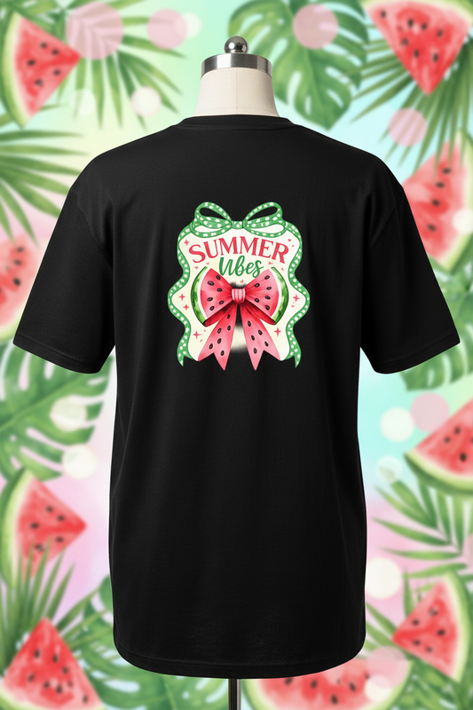 Summer Vibes Watermelon Bow Tee - Black Back