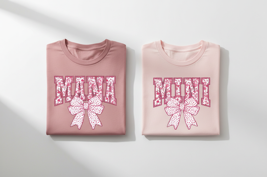 Mama and Mini tees folded flat lay