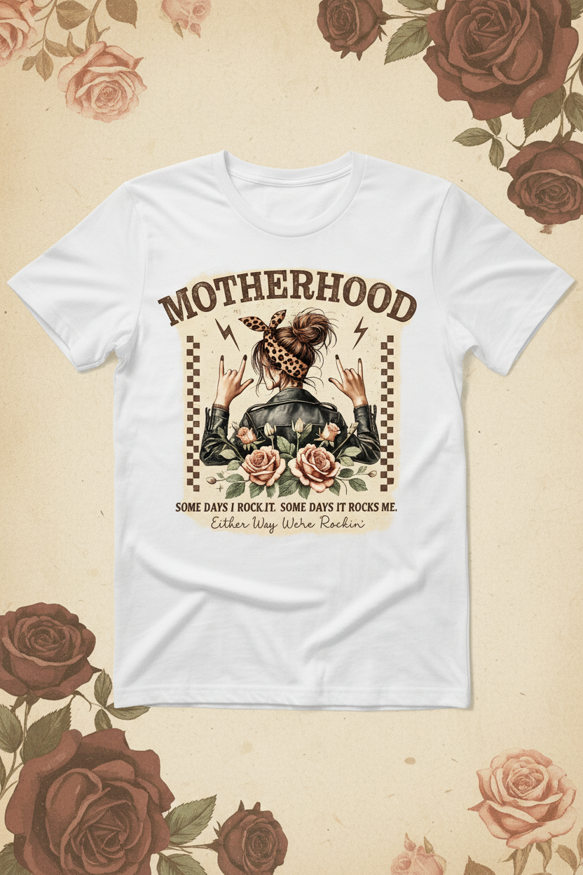 Retro rock and roll motherhood graphic tee on moody vintage rose background