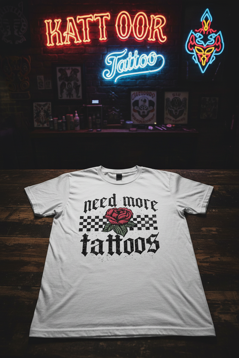 Gothic need more tattoos rose checkered graphic tee on dark moody tattoo parlor background