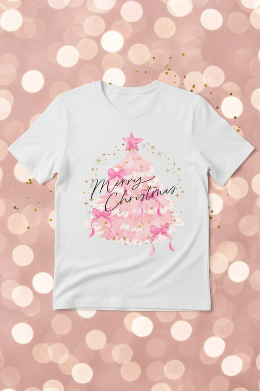 Pink watercolor Christmas tree Merry Christmas graphic tee on festive pink and gold bokeh background