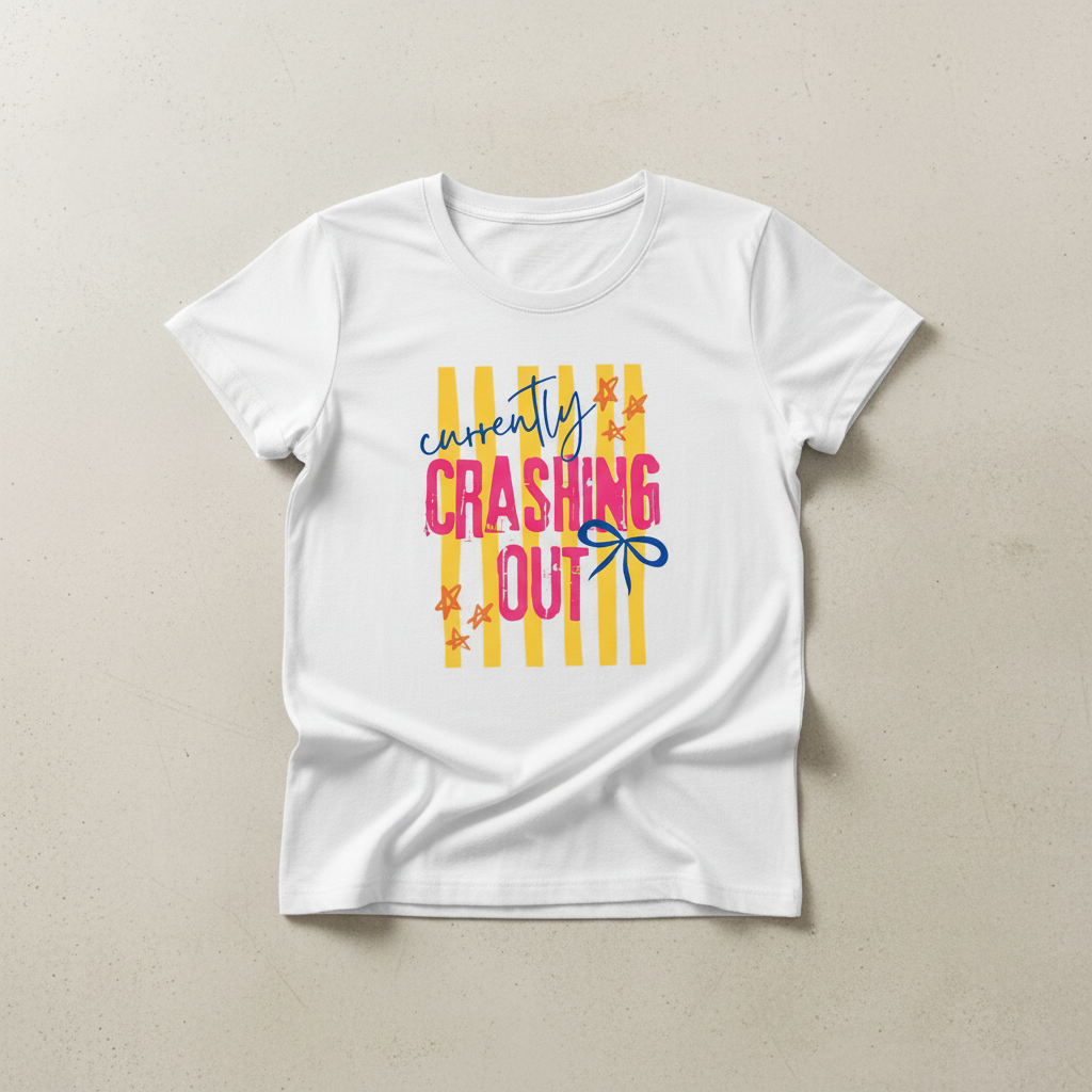 Currently Crashing Out tee flat lay mockup