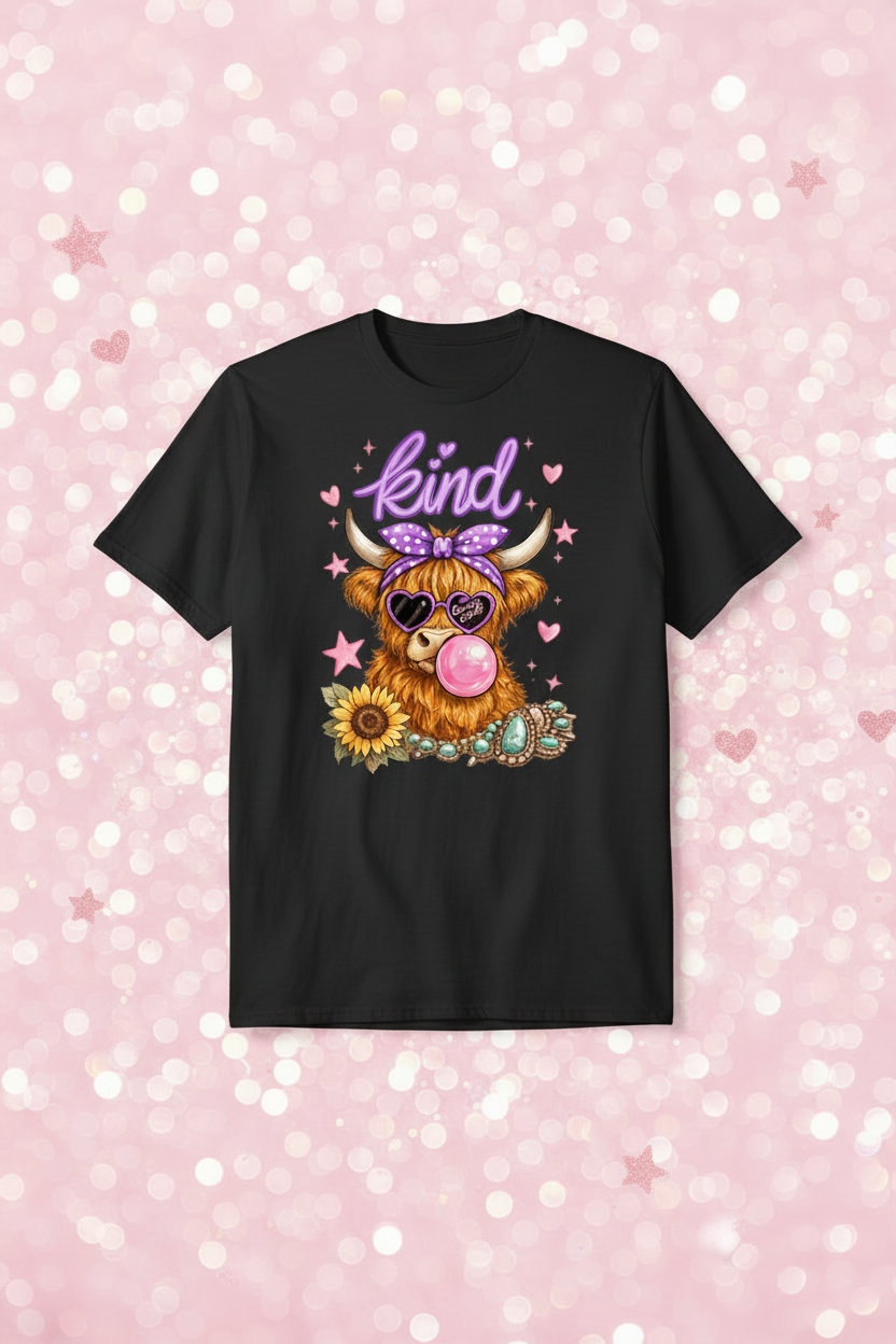 Kind highland cow black t-shirt mockup on pink glitter bokeh background