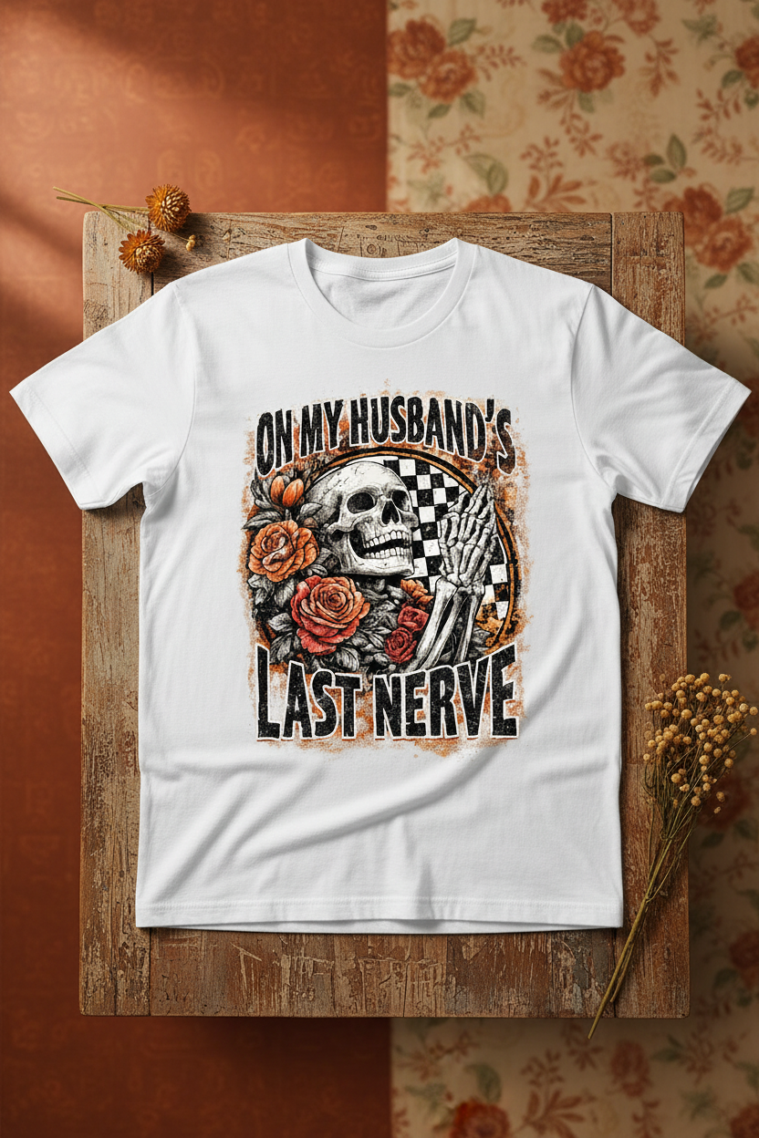 Vintage skull roses On My Husband's Last Nerve graphic tee on warm rustic burnt orange background