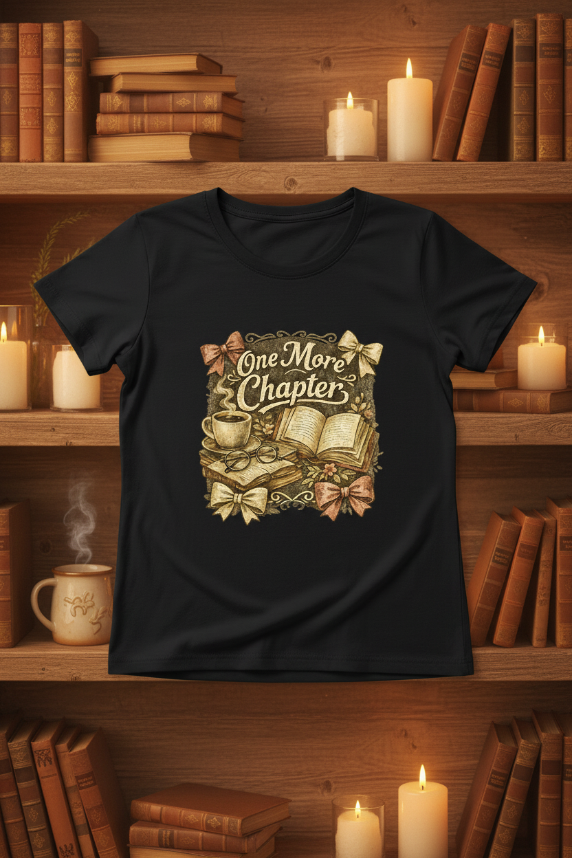 One More Chapter black t-shirt mockup on cozy candlelit bookshelf background