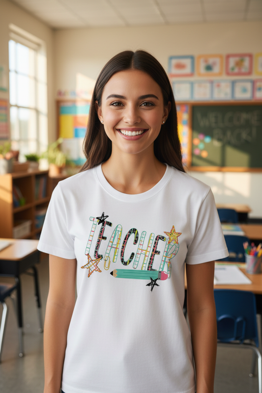Teacher wearing teacher graphic tee in classroom