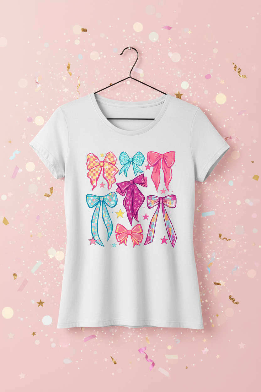Colorful bows white t-shirt mockup on pastel pink glitter background