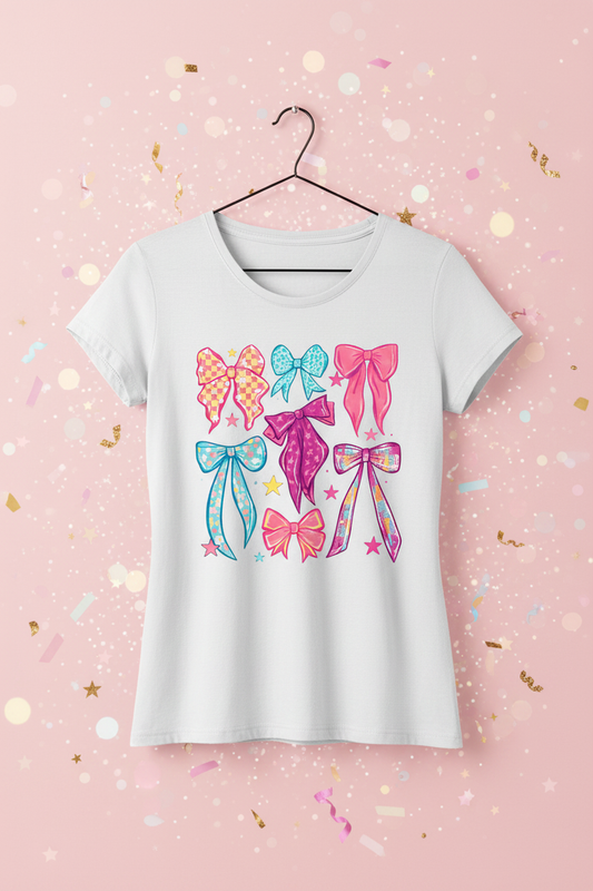 Colorful bows white t-shirt mockup on pastel pink glitter background