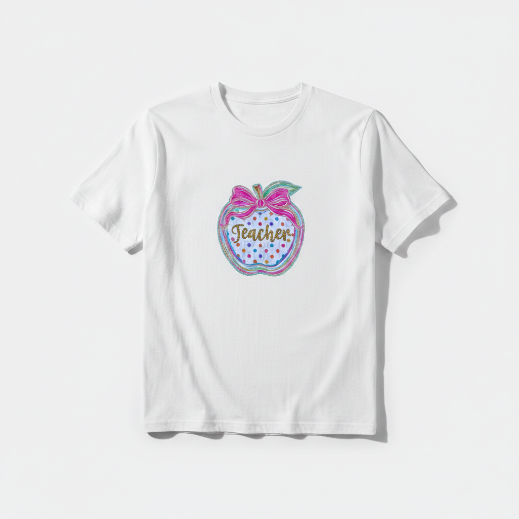 Apple Teacher tee white flat lay