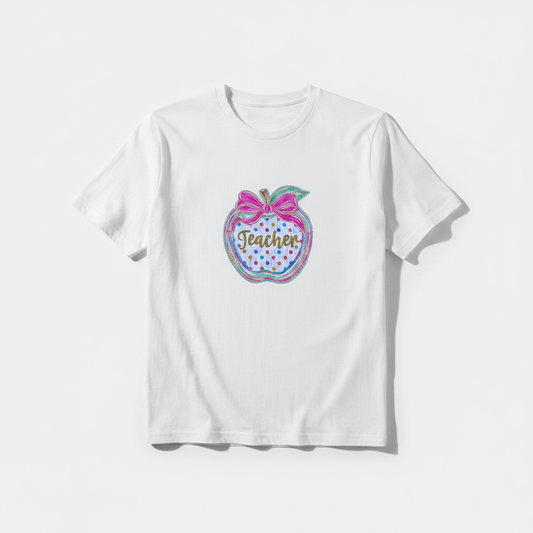 Apple Teacher tee white flat lay