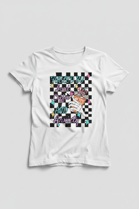 Fueled by Iced Coffee and Anxiety women's t-shirt mockup