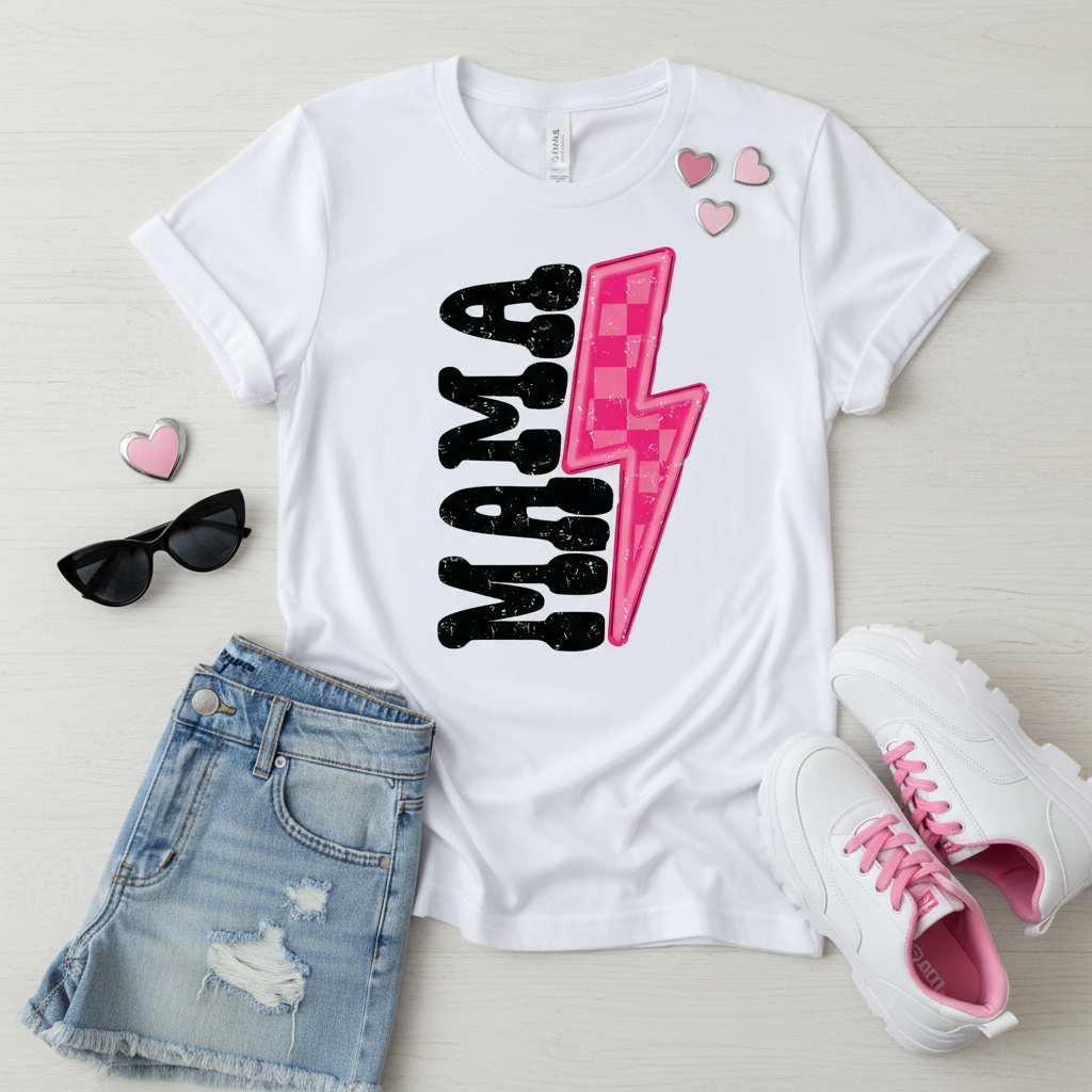 Mama Lightning Bolt white tee flat lay mockup