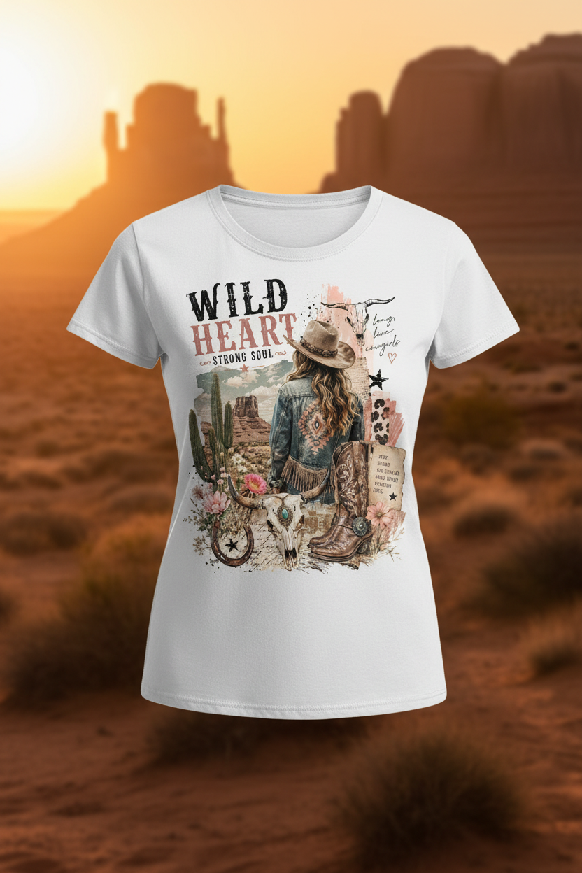 Wild Heart Strong Soul women's t-shirt mockup with desert background