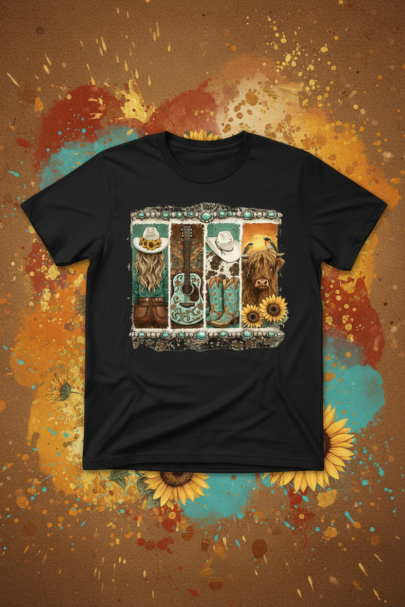 Western collage black t-shirt mockup on warm terracotta and teal background