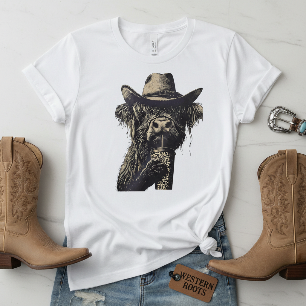 Highland Cow white tee flat lay mockup