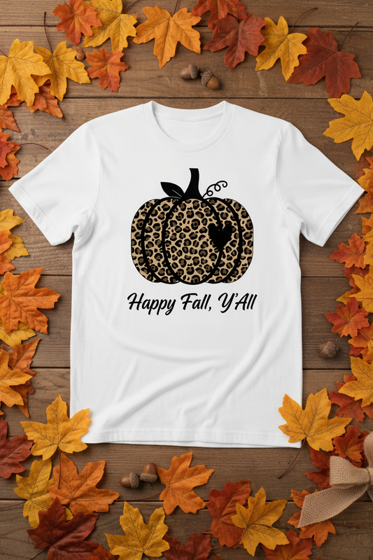 Leopard print pumpkin Happy Fall Y'All t-shirt on cozy autumn background with fallen leaves